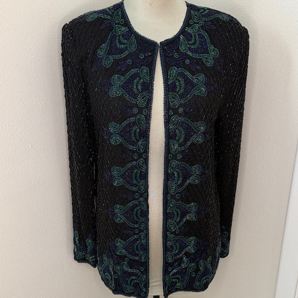 SCALA 100% pure silk beaded top jacket cardigan India medium black blue green